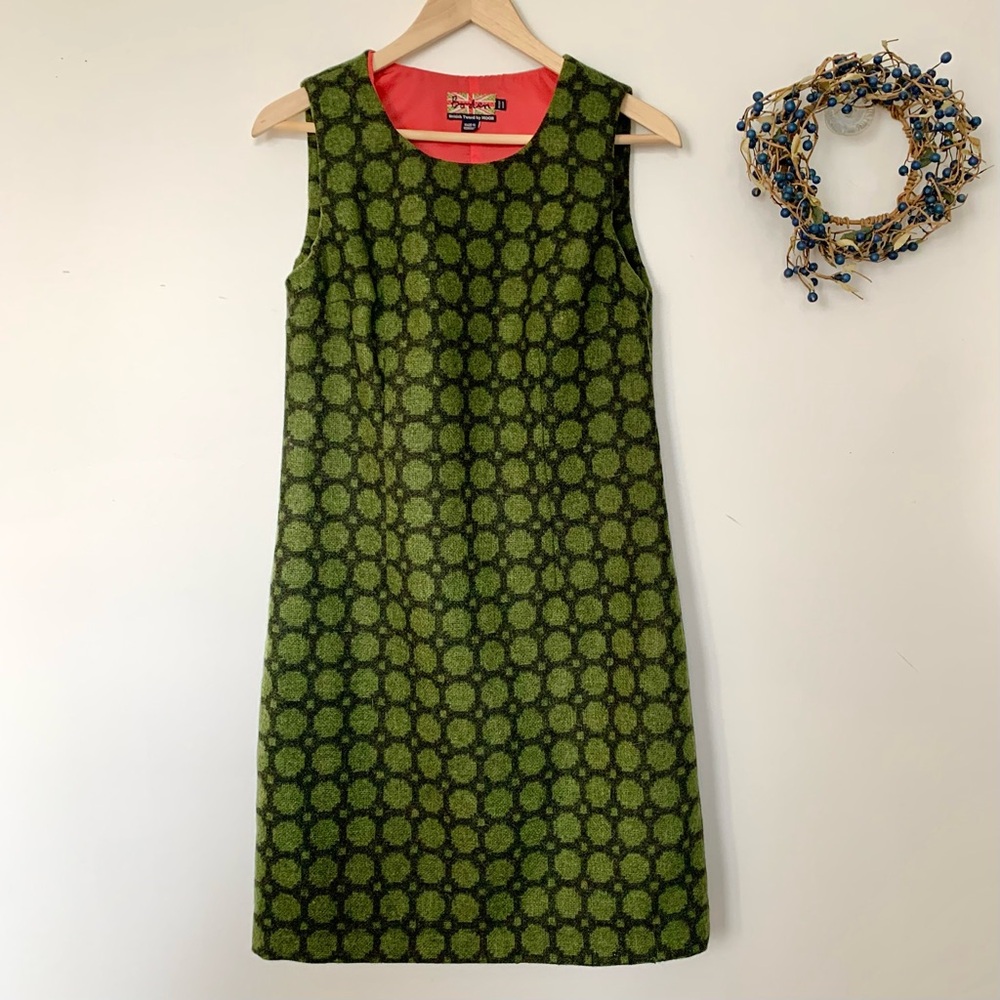 Boden British Tweed by Moon Green Wool Dress US 6R Academia Vintage Classic